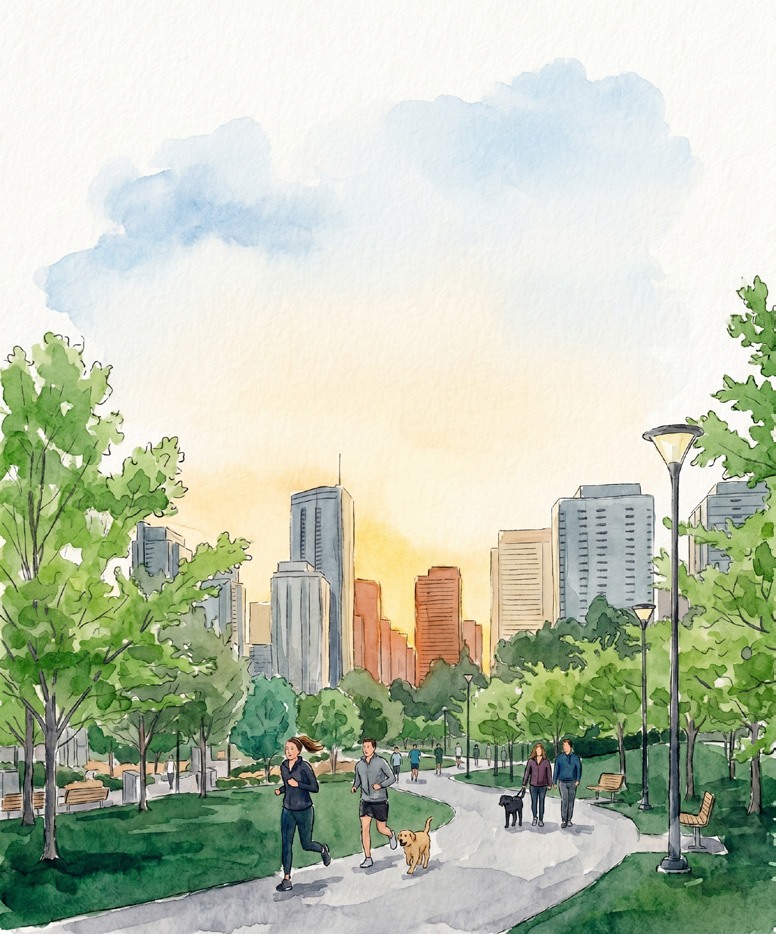 Ilustração em aquarela de um parque urbano com pessoas